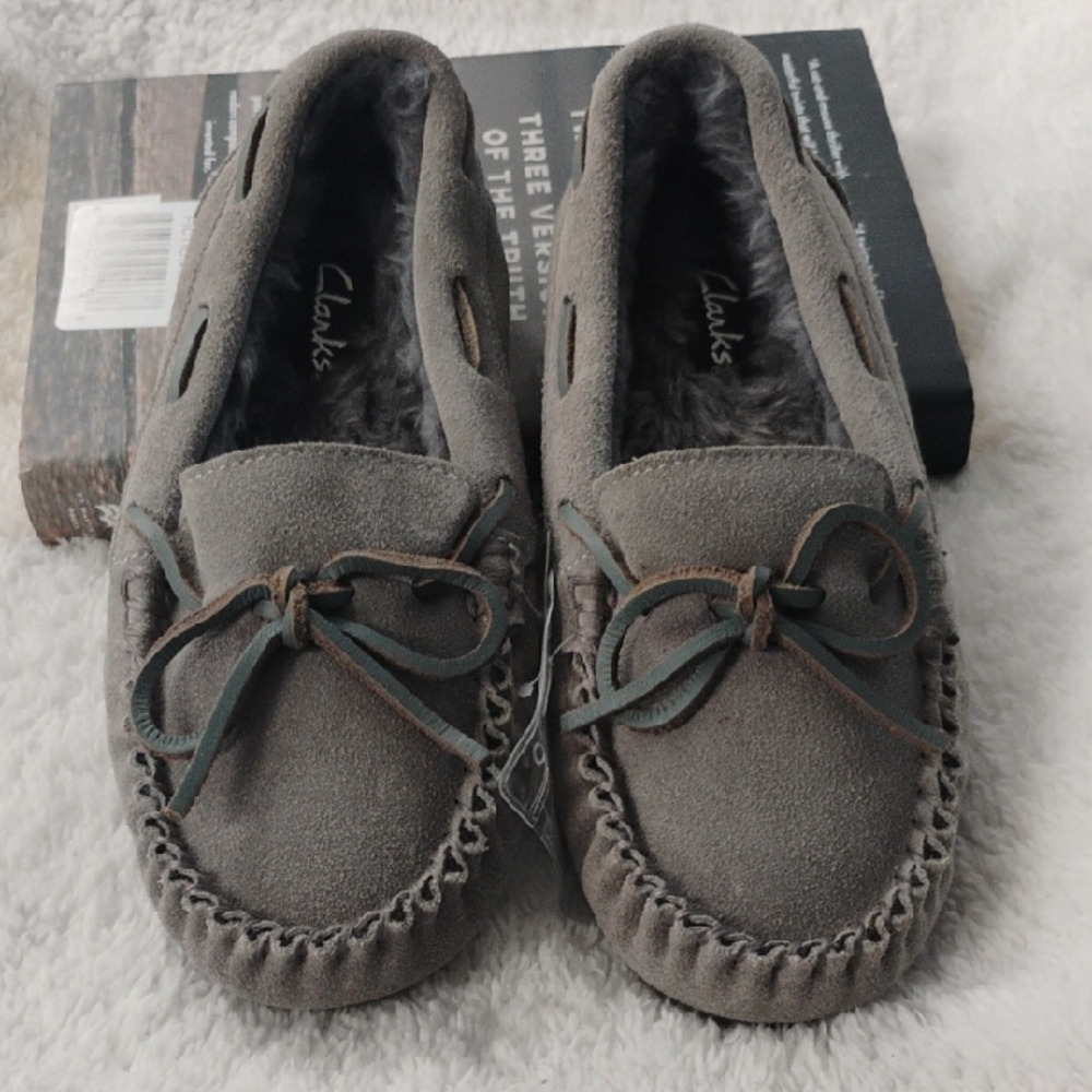 Clarks Gray Suede Moccasin Slippers